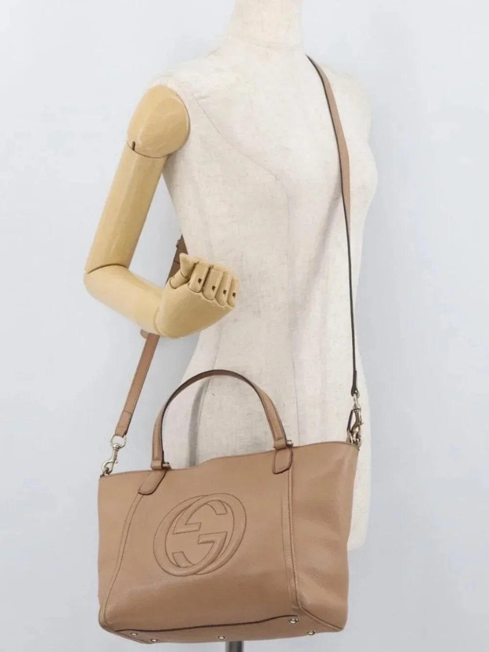 GUCCI Soho Interlocking Hand Bag Leather 2way Gold Beige 369176 Auth ka3592